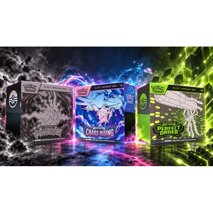 Trio Elite Trainer Box (English) | Mega Evolution : Pitch Black, Chaos Rising & Perfect Order